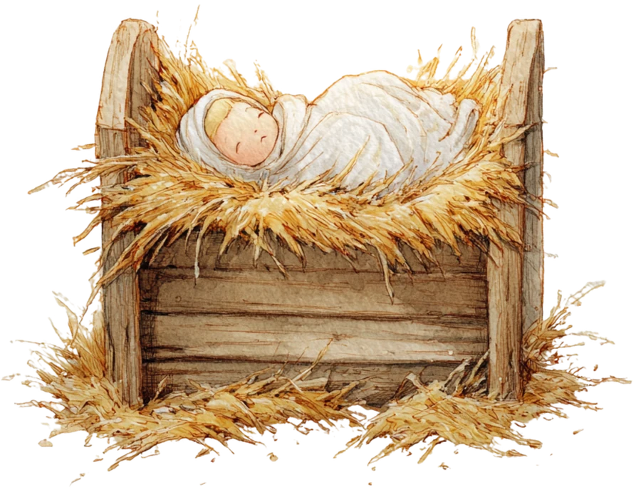 Menino Jesus descansando na manjedoura, em aquarela.
