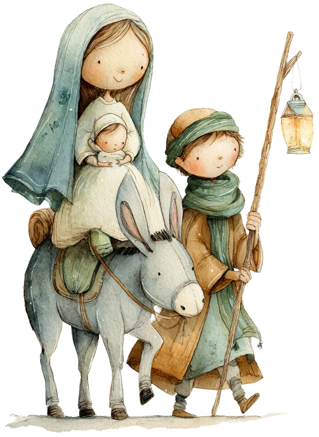 Ilustração em aquarela de Maria, José e o menino Jesus.